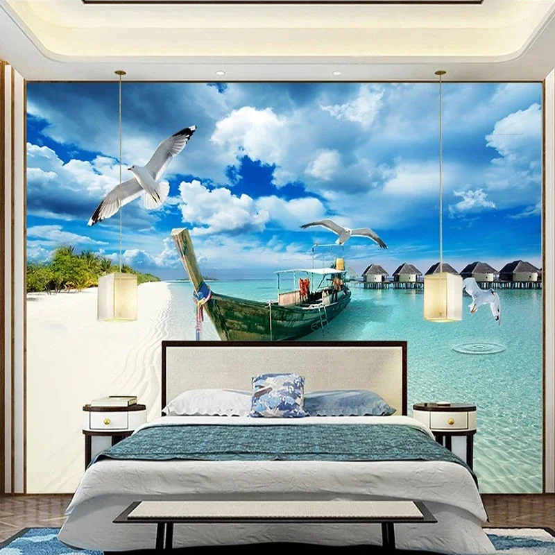 Benutzerdefinierte 3D Tapete Moderne Strand Boot Seascape Seagull Wandbild Wohnzimmer TV Sofa Esszimmer Dekor Wand Malerei Papel De Parede