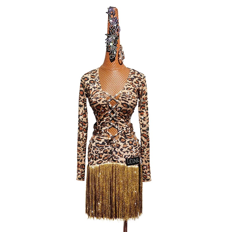 New Latin Dance Dress Competition Performance Adult Leopard Print Two-Color Fringe Flash Diamond Long Sleeve Dance Dress