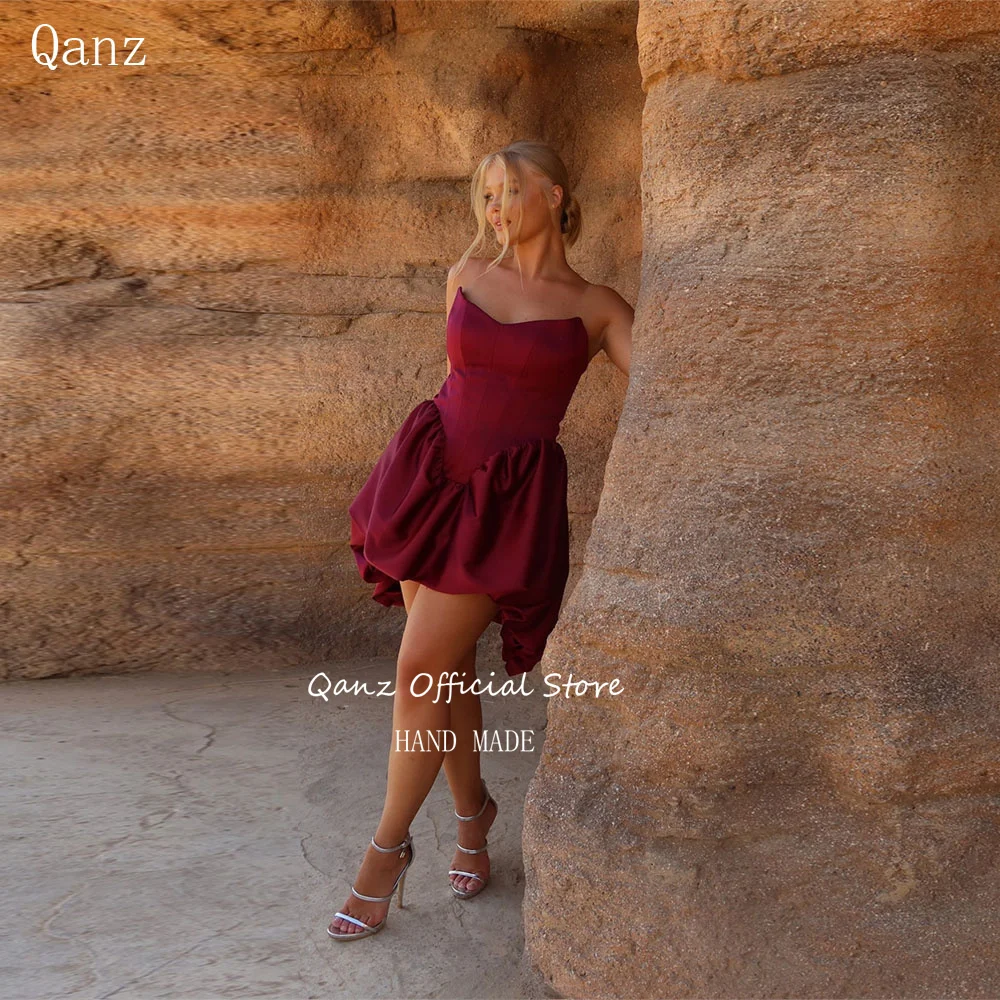 

Qanz Simple Puff Prom Dresses Burgundy Above Knee Corset Short Birthday Party Gown Sleeveless Satin Homecoming Dress Customized