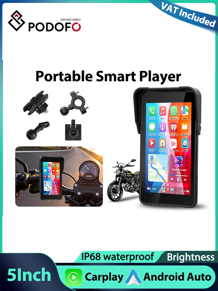 Podofo 5'' Vertikaler Bildschirm Motorrad Carplay Android Auto Unterstützung Reifendrucküberwachung IP68 Wasserdicht Helligkeitseinstellung Motorrad-Player