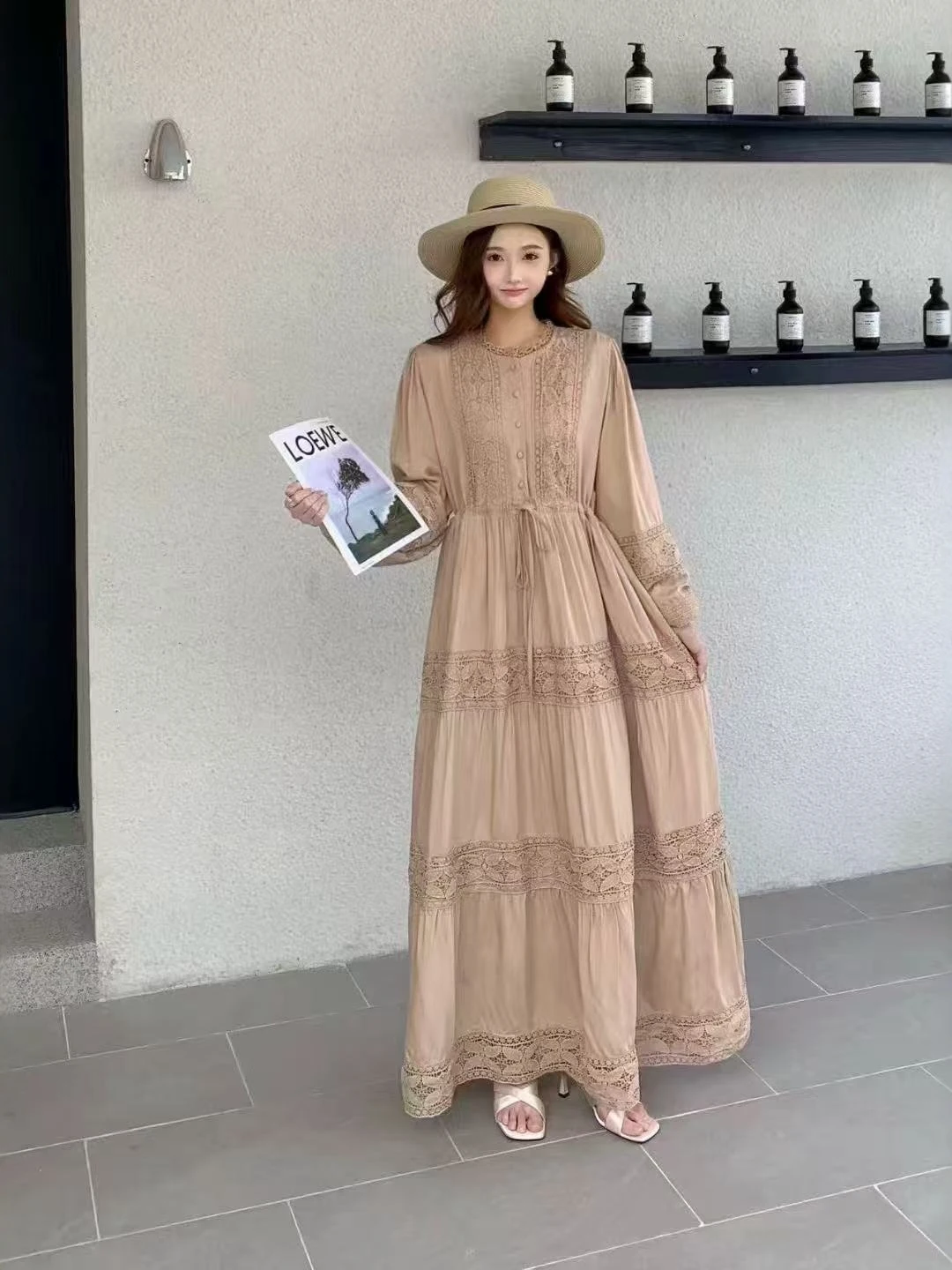 Vestido Largo de Encaje Morado Claro Estilo Retro para Mujer, Diseño Elegante con Cintura Ajustada, Vestido de Noche Elegante