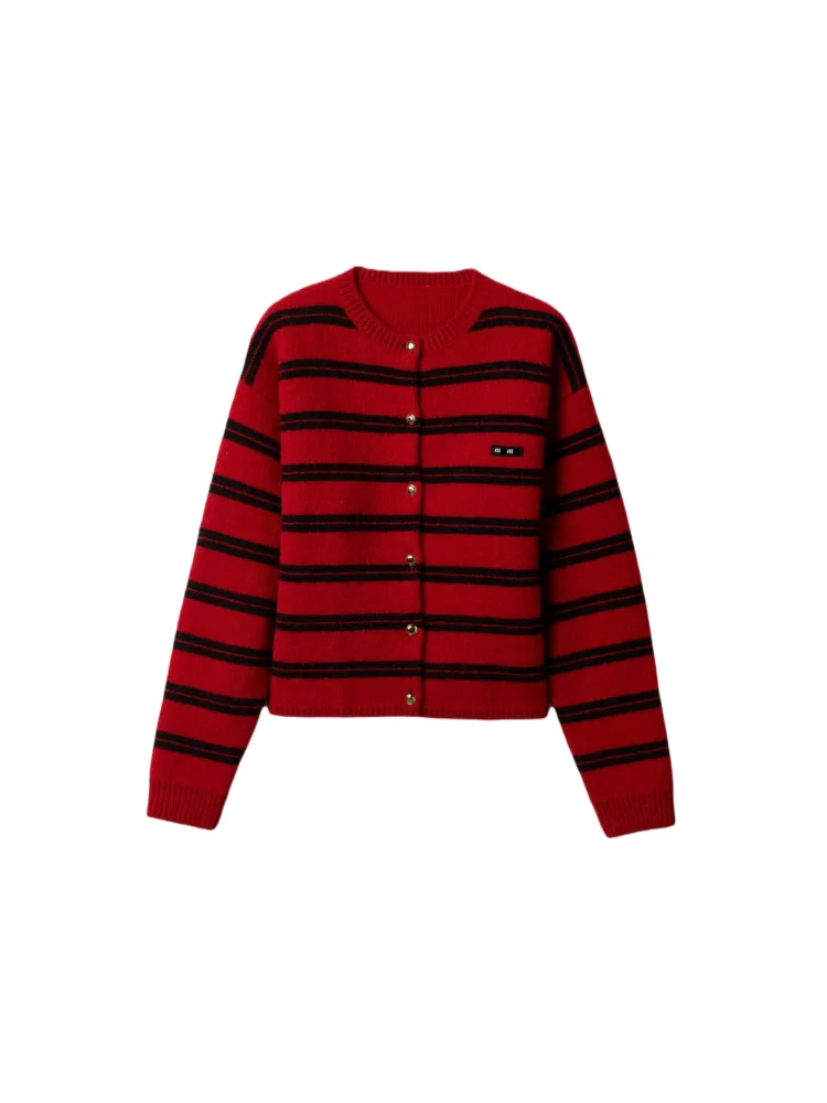

Retro Striped Knitted Cardigan Women's round Neck Button Sweater Outerwear Royalty High-End New Arrival for Autumn 2025
