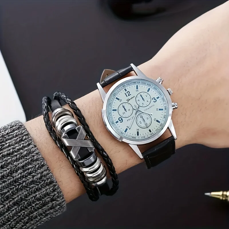 ساعة كوارتز ثلاثية العينين زرقاء فاتحة للرجال ، سوار متعدد الاستخدامات ، موضة غير رسمية ، صندوق هدايا مكون من قطعتين