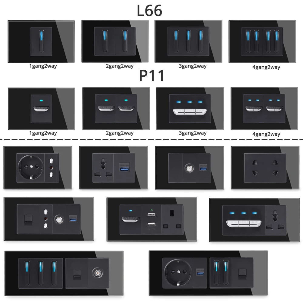 Coswall Black Tempered Glass Panel Wall Power Socket Universal EU / Italian / Chile Outlet With Children Protective Door