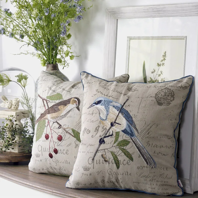 Birds Embroidery Sofa Cushion Cover Cotton Linen Farmhouse Decorative Throw Pillows Cover Case Living Room Home Decor High-end