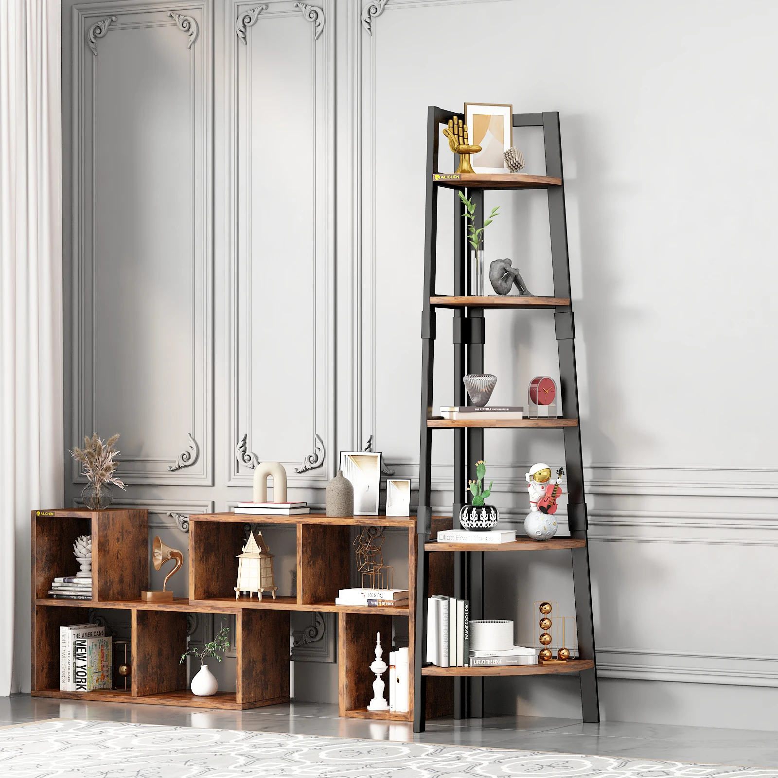 YQ FOREVER 5 Tier Bookcase Vintage Corner Tree Ladder Shelf Wooden Display Storage Bookshelf