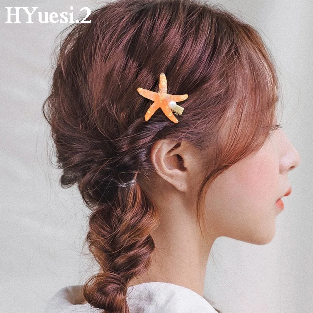 2pcs Artificial Starfish Shell Pearl Hair Clips Set Acrylic Alligator Hairpins For Kids Girls Bangs Barrettes Summer Headwear