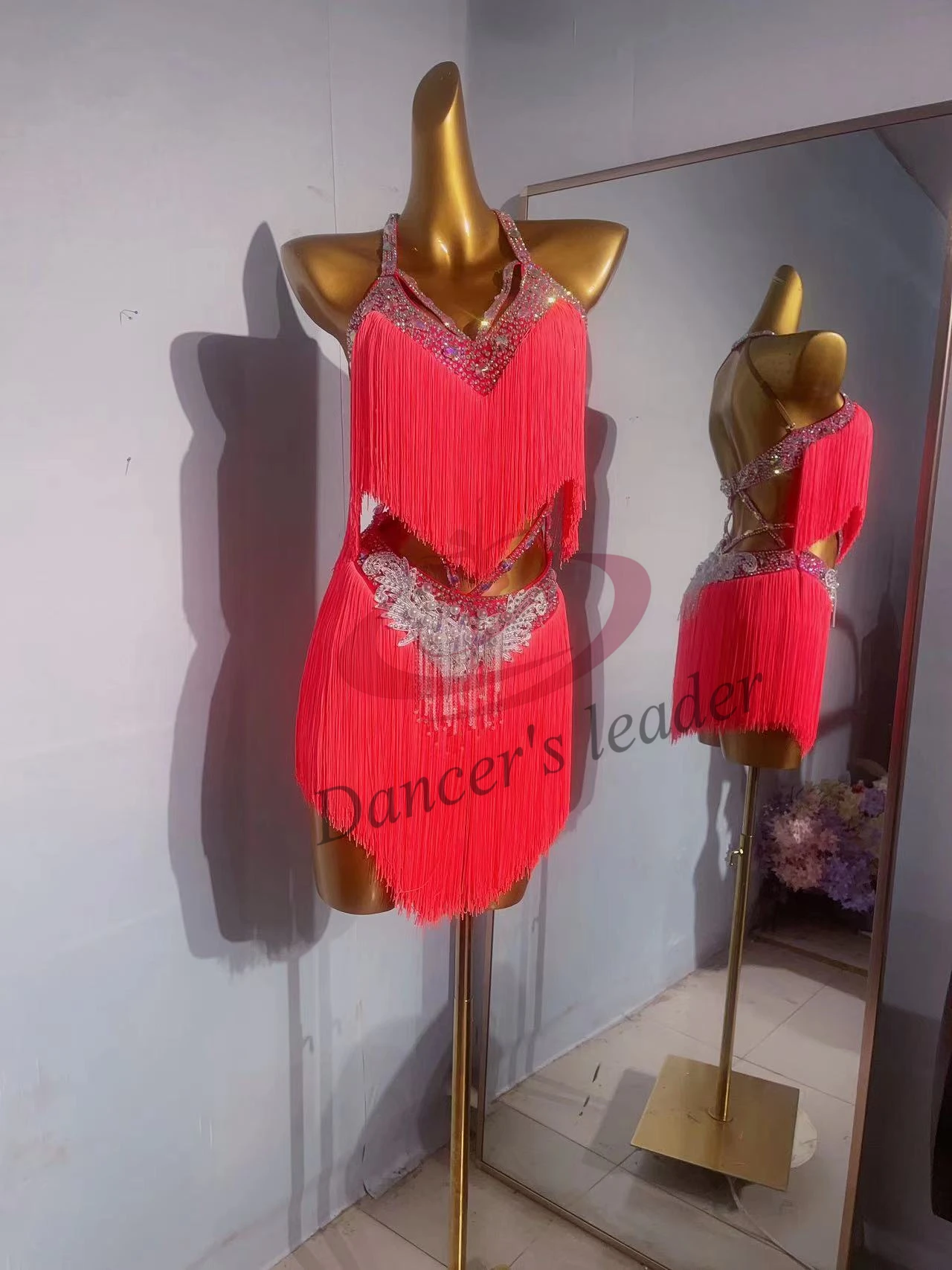 Latin Dance Stage Performance Special Grade Clothing High-end Custom Red Tassel With Rhinestone Samba Rumba Style Women's Dress