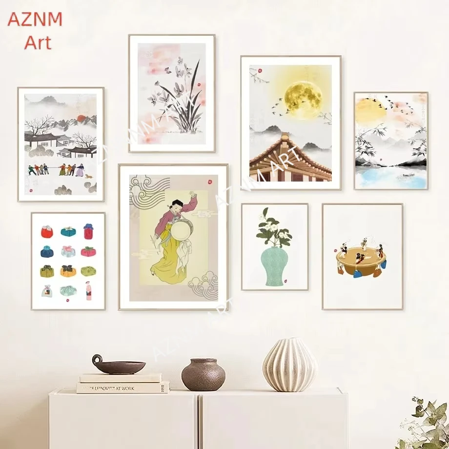 Korean Style Decor Poster Hanbok Girl Culture Landscape Wall Art Canvas Painting Wall Pictures for Living Room Home Decoratio
