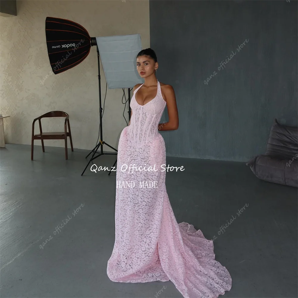 Qanz Pink Full Lace Appliques Evening Dresses Elegant Long Train Pageant Dress For Women Backless Robes De Soirée  Customized image 3