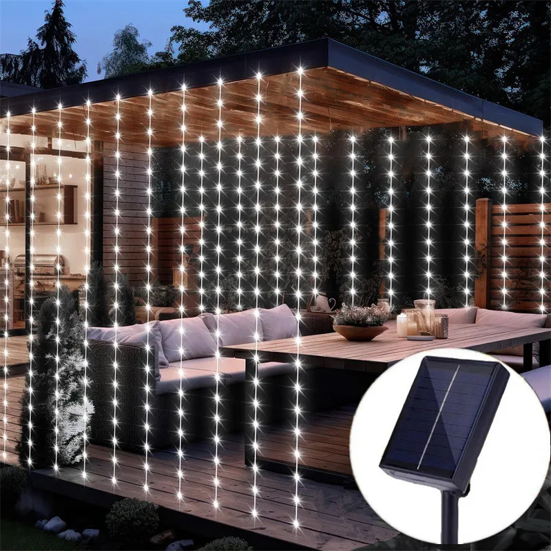 Cortinas de luces solares: 8 modos de iluminación, guirnalda de luces de hadas para Navidad, Camping, Ramadán, Halloween, bodas, hogar y jardín