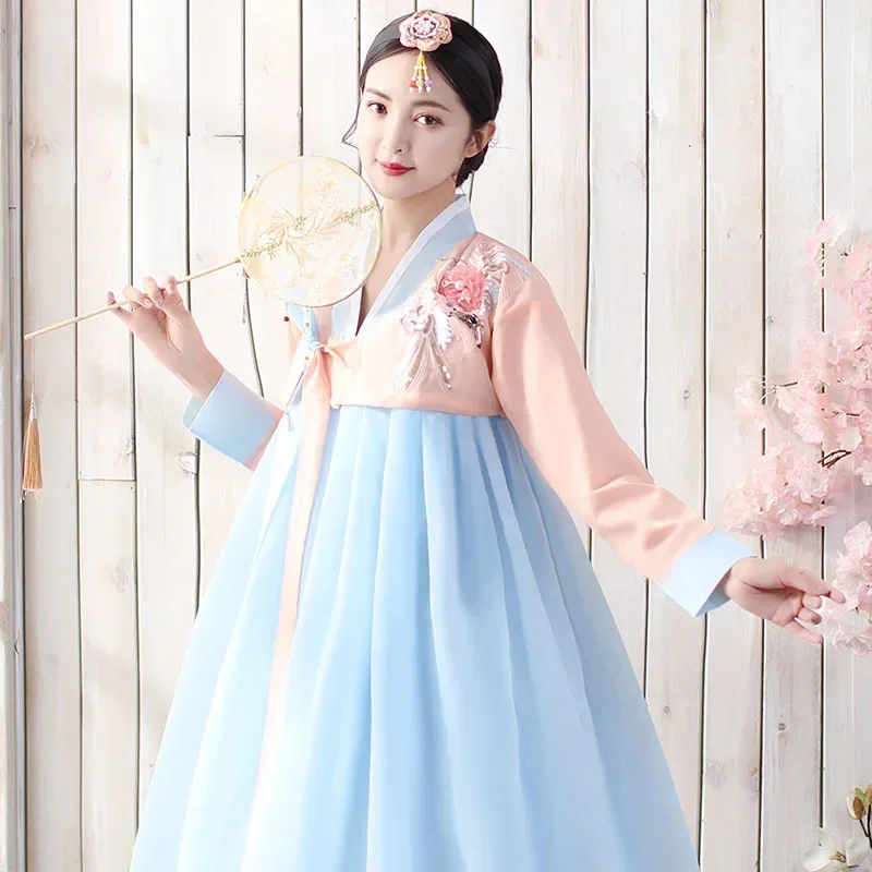 

Female New Korean Traditional Clothing Fairy Dress Women Stage Performance Fluffy Costume Multicolor Hanbok Folk Top Skirt Sets