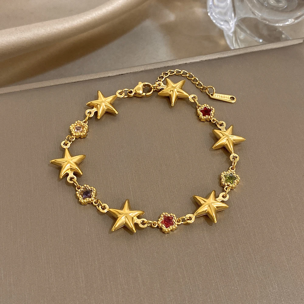 

Freetry New Trendy Stainless Steel Pentagram Chain Bracelet Women Exquisite Colourful Zircon Star Charm Bracelet Jewelry Gifts