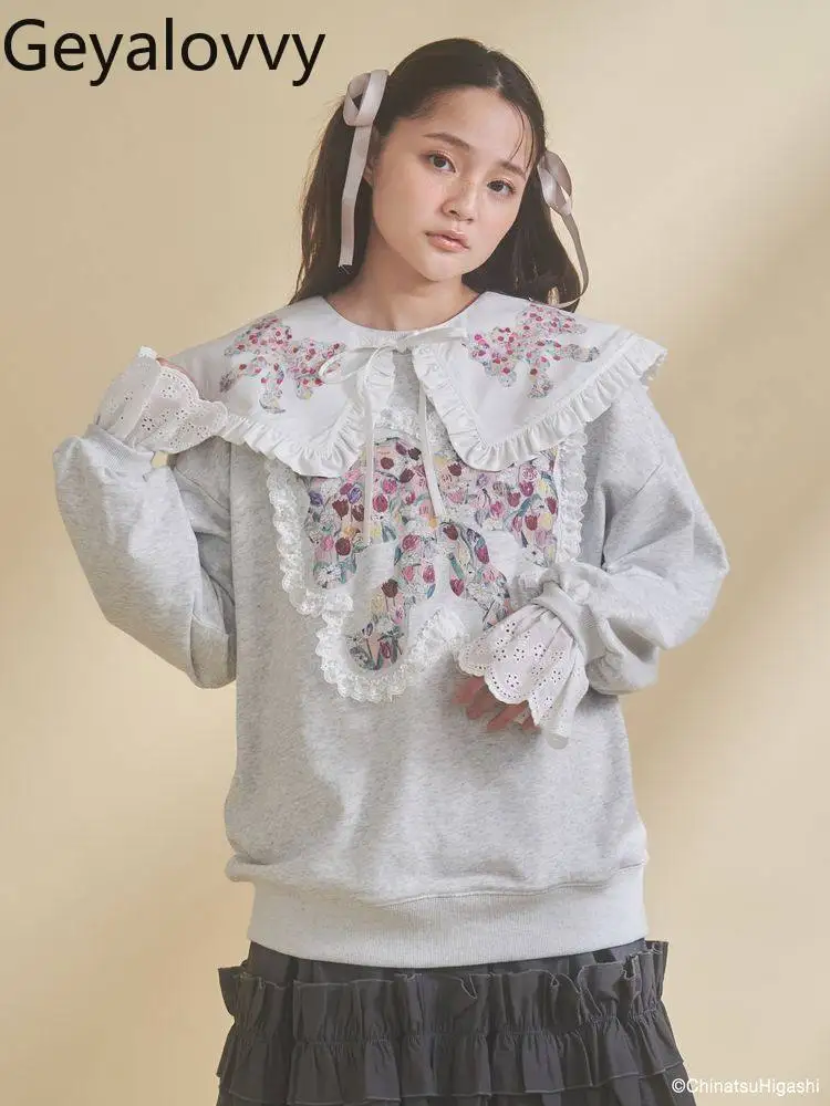 

Женская толстовка в японском стиле с кружевными вставками, свободного кроя, с длинными рукавами, круглым вырезом, повседневная, милая, с капюшоном