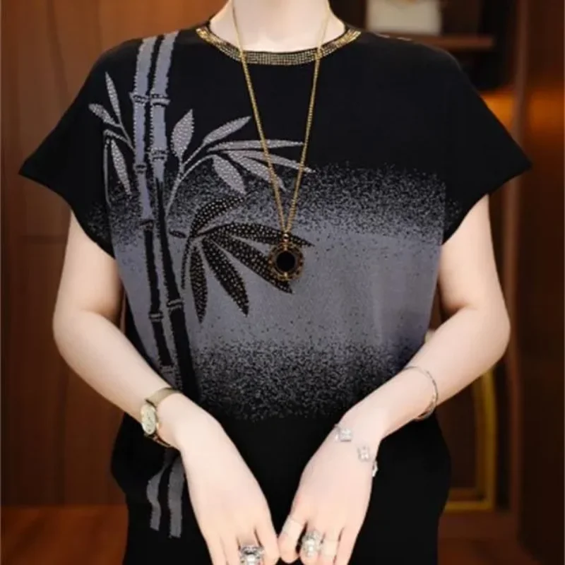 

Женская трикотажная блузка с бамбуковым узором, градиентная, с коротким рукавом, повседневная, свободного кроя, с декором из страз