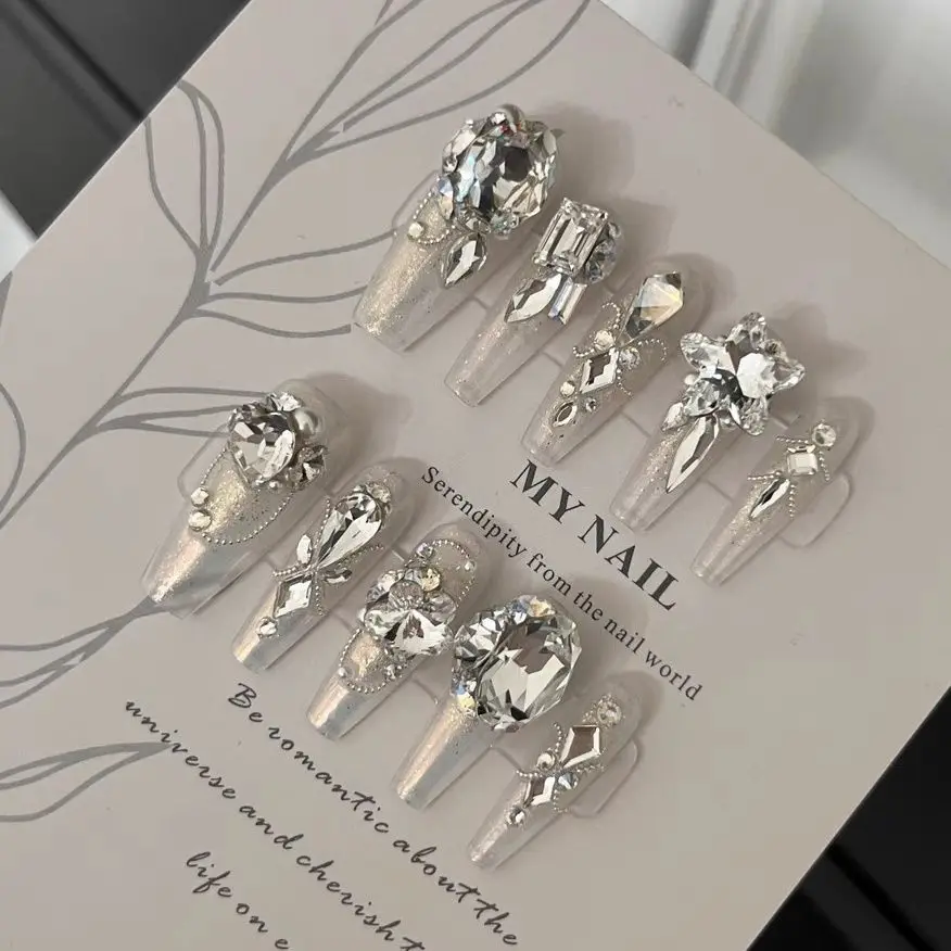 Luxurious Clear Press On Nails with Large Rhinestones and Pearl Decorations Handmade Reusable Nail Tips for Weddings and Ballet