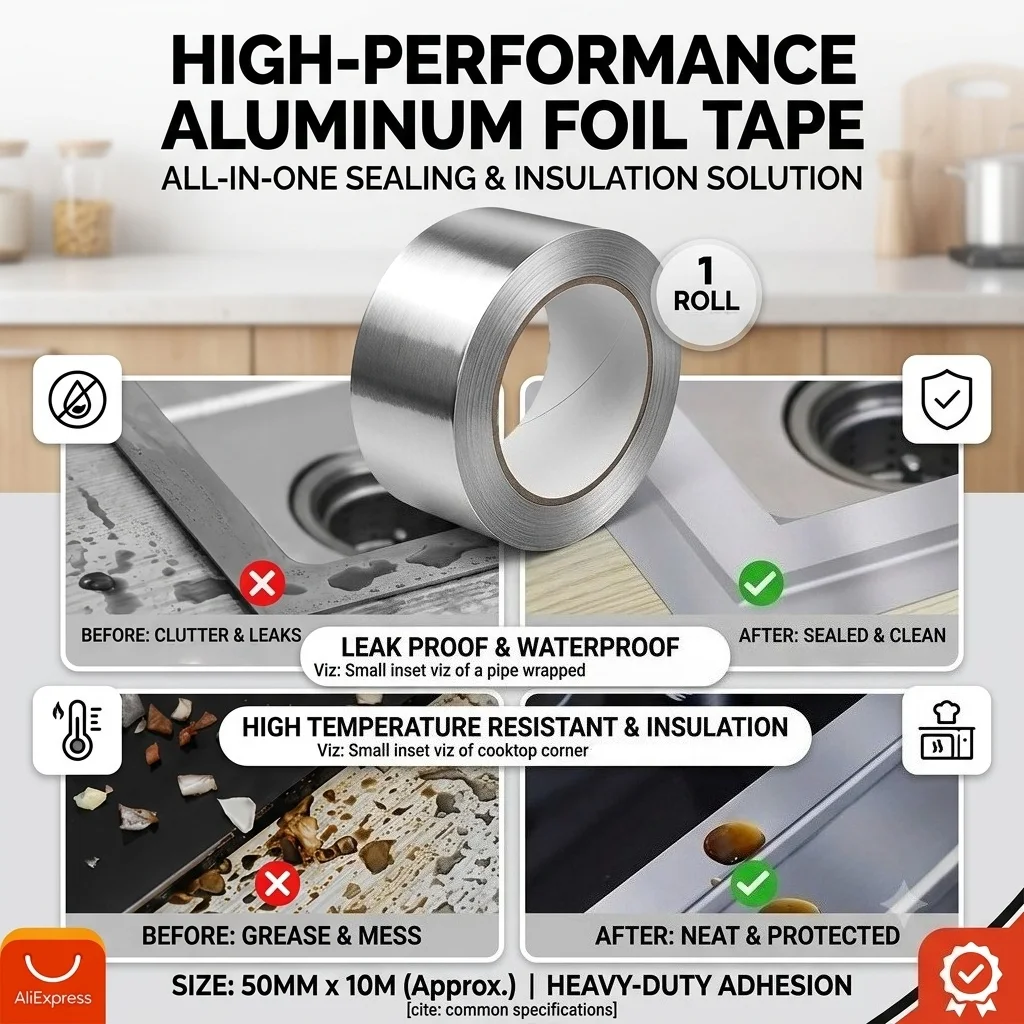 High Temperature Resistance Aluminum Foil Tape Kitchen Pipe Repair Tape Adhesive Sealing Foil Heat Insulation Leak Proof Tape