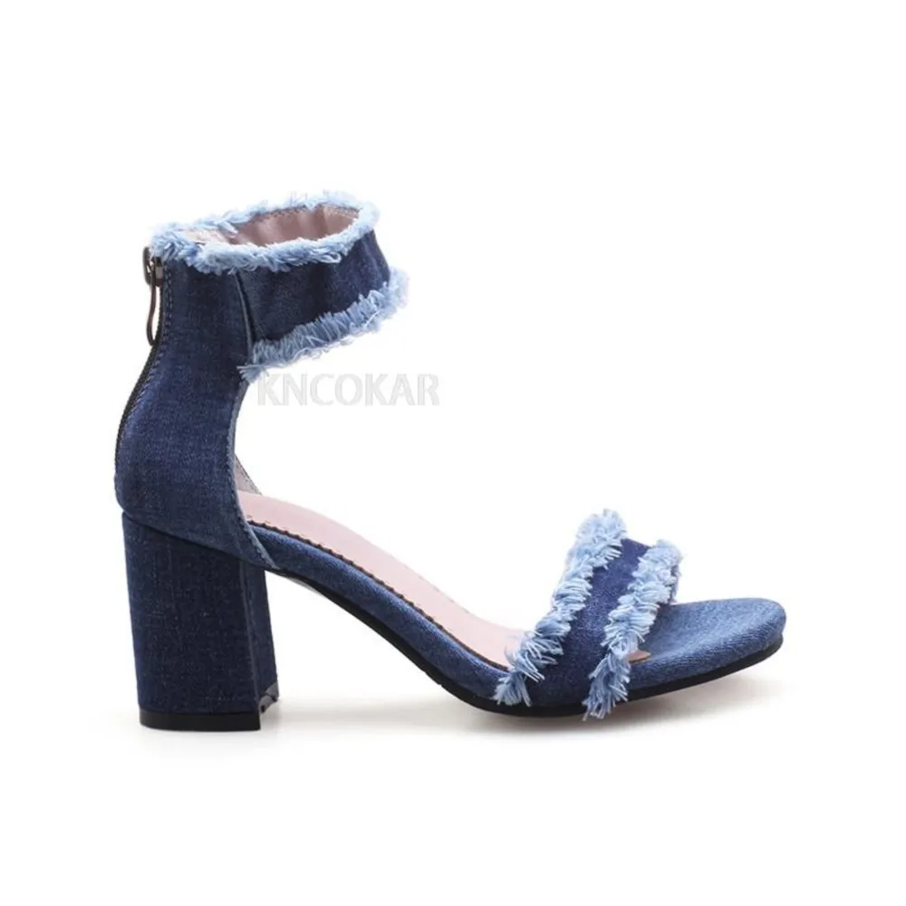 Blue Denim Summer Sandals Shoes For Woman Ankle Straps High Heel Jeans Gladiator Sandals Fashion Party Shoes Ladies