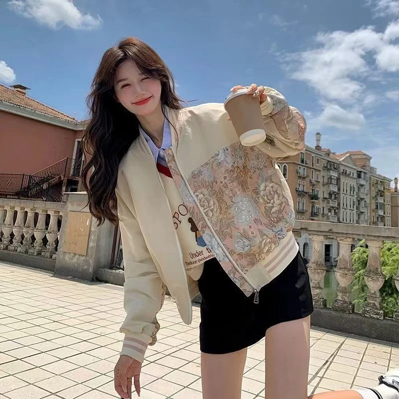2026 Spring Women's Korean Style Cropped Baseball Printed Stand Collar Casual Spliced Fashion Top