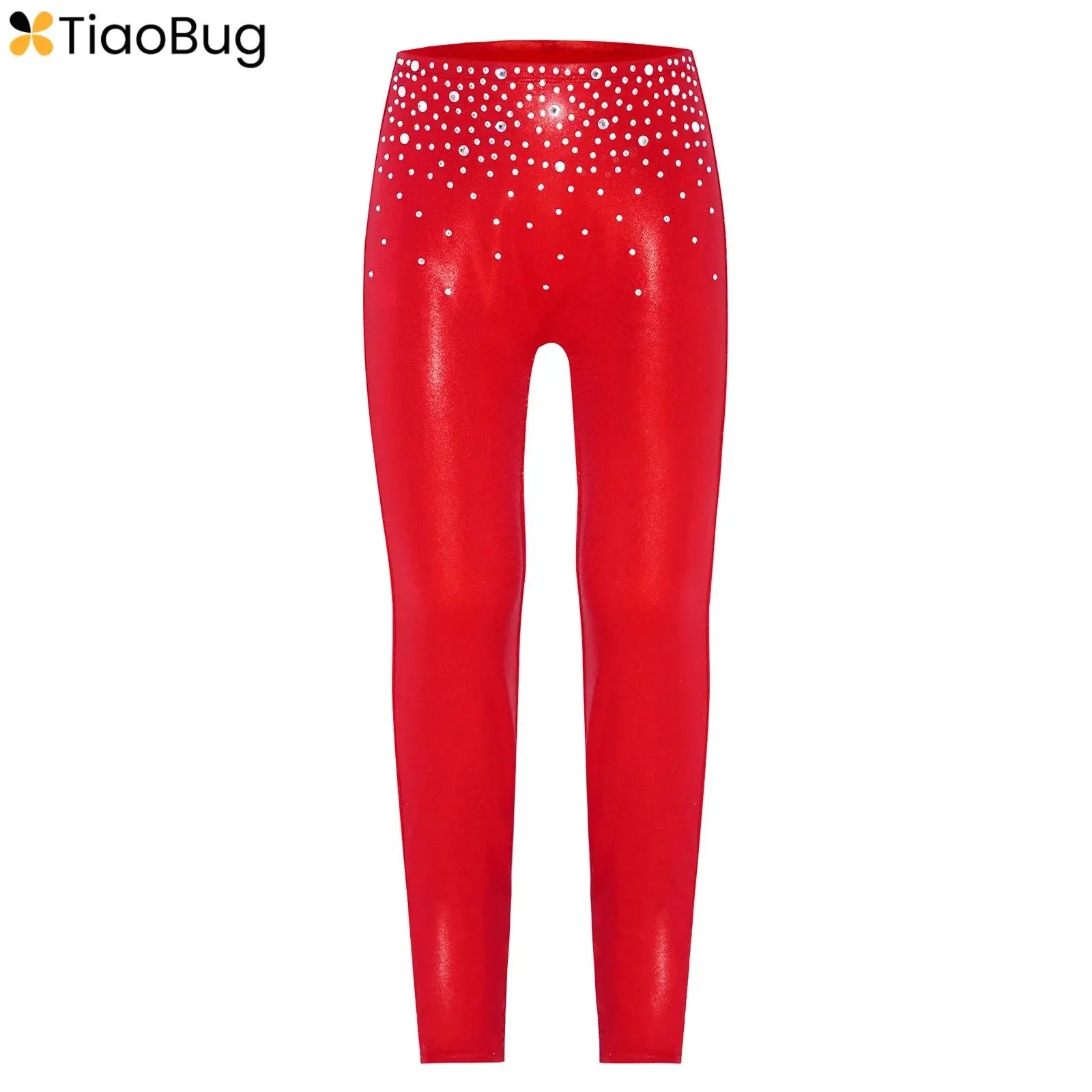 

Kids Girls Figure Skating Dance Pants Sparkling Rhinestones Metallic Elastic Slim Leggings Pants Gymnastics Performance Costume