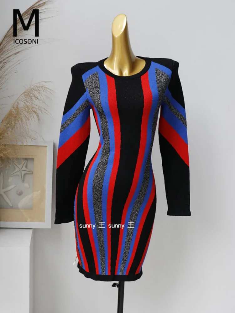 

High-quality Autumn Winter New Products Thick Vibrant Striped Dress with Black, Red, Blue, and Gray Knitted Dresses One Size