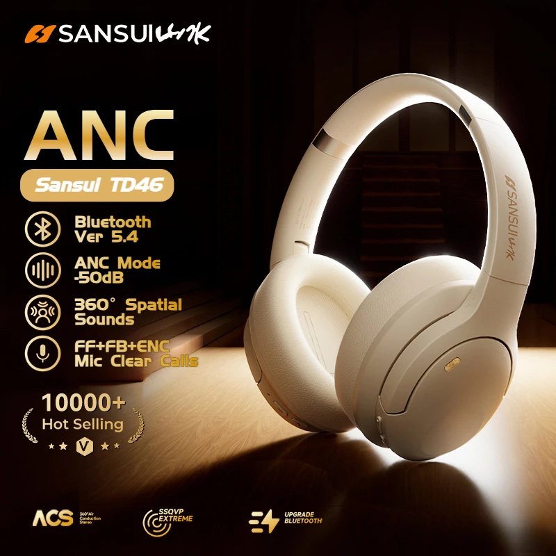 

Sansui TD46 ANC Wireless Bluetooth 5.4 Headphones 50dB Active Noise Cancellation Headsets Over-ear Earphones with Detachable Mic