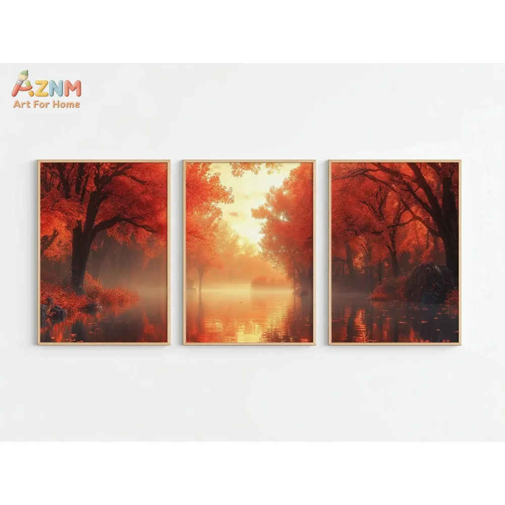 AZNM 3Pcs Red Maple Forest Lake Canvas Wall Art, Misty Autumn Sunrise Scenery Print Frameless Canvas Painting, Warm