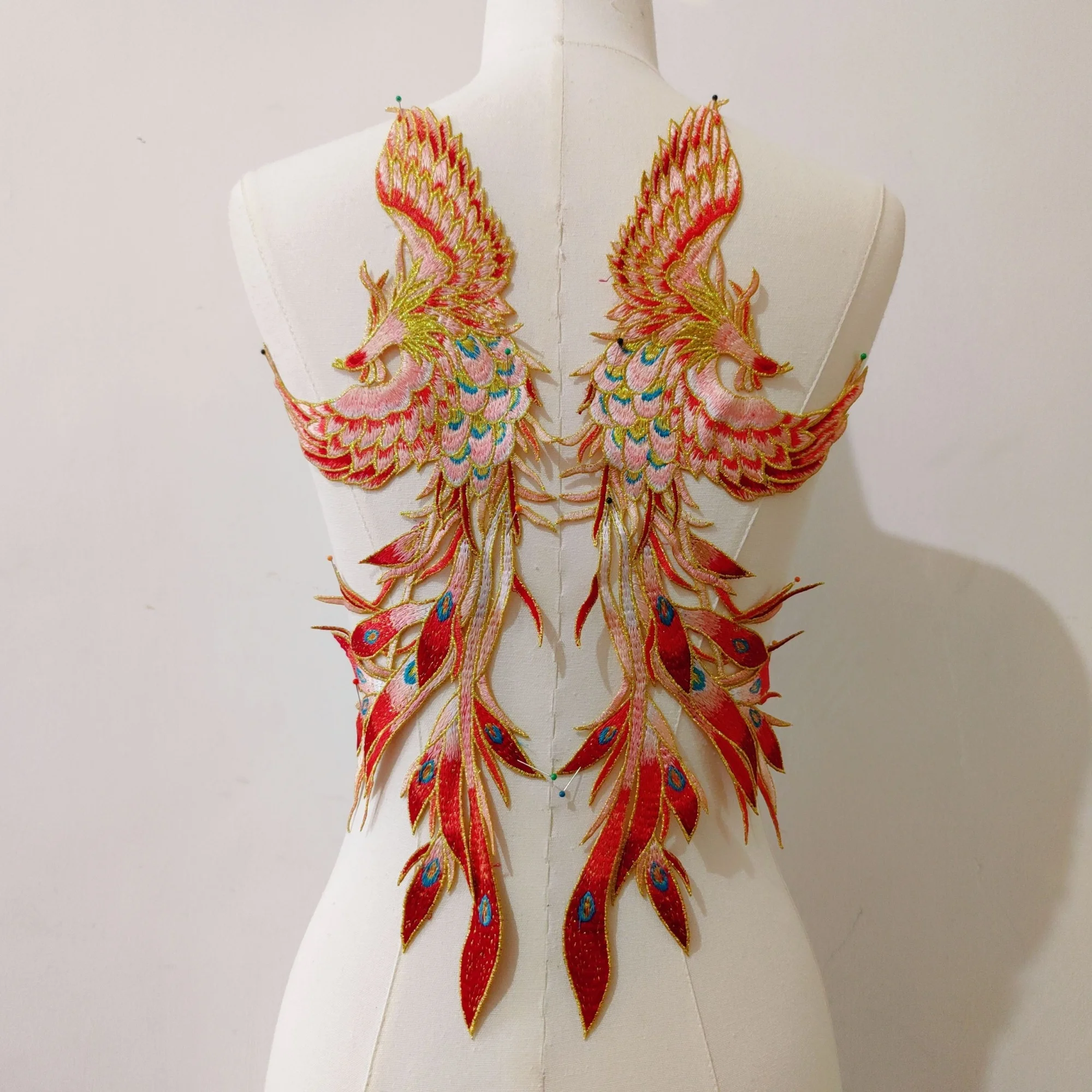

Large 46x15cm Phoenix Embroidery Patch Gold Edged for Hanfu Qipao Wedding Dress Costume Sew On Chinese Style Applique