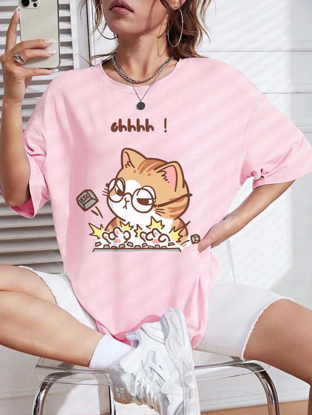 

Crazy Cat Typing Wildly On The Keyboard Prints T-Shirts Women Cotton Summer Tops Loose O-Neck Soft T Shirt Basic Woman Clothes