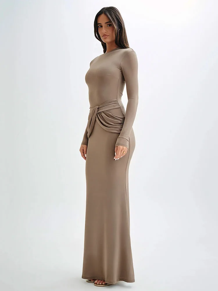 Articat Elegant Long Sleeved Elastic Tight Long Dress Women Bodycon Pleated Evening Dress Slimming Party Club Vestido Fall 2024