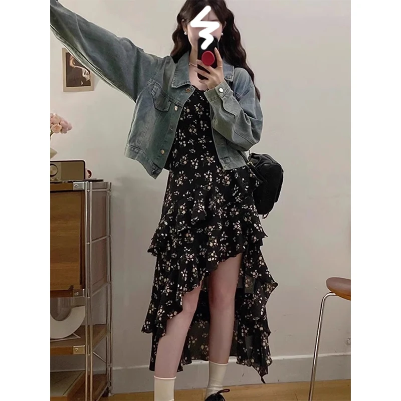 Primavera Estate Nuovo sciolto ort Denim Jaet con cinturino asimmetrico floreale Ele Dr Set da due pezzi Pendolarismo Sle Midi Dr