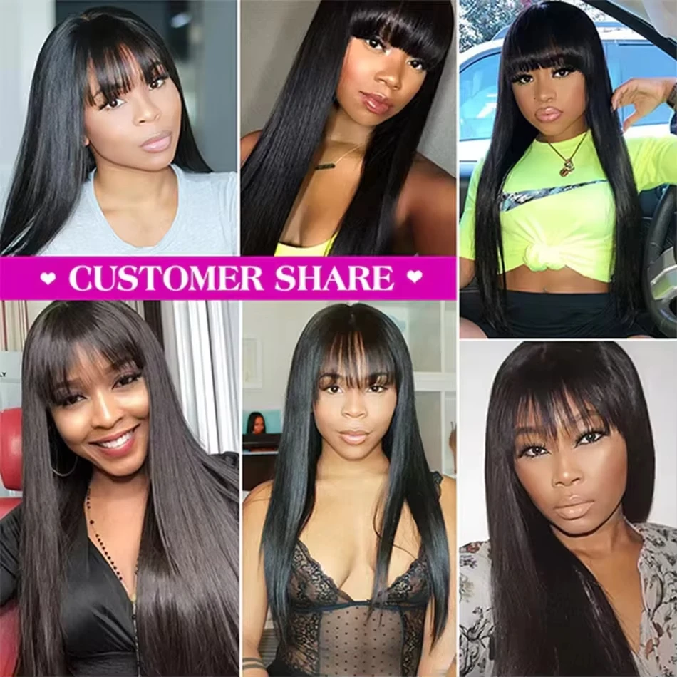 Rosslyn Straight Human Hair Wigs With Bangs 1b Black Wig Not Lace Natural Color Full Machine Wig From Brazilian Original image 6