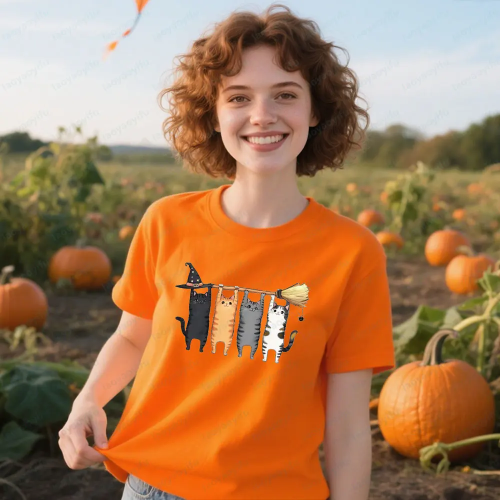 

Cute Witch Cat Shirt Funny Cat Lover Halloween T-Shirt Fall Cats Tee Fashionable Casual Women Daily Life Tshirt Mens Streetwear