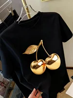 T-shirt à manches courtes pour femme avec imprimé cerise dorée, tee-shirt décontracté élégant, un sentiment d'élégance, haut polyvalent pour femme, design minimaliste 2