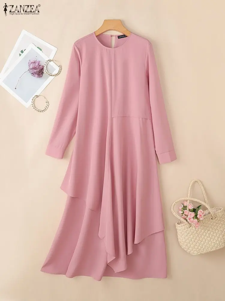 ZANZEA – Abaya musulmane élégante, Robe du Ramadan pour femmes, col rond, manches longues, Robe d'été irrégulière, vêtements islamiques solides, 2026