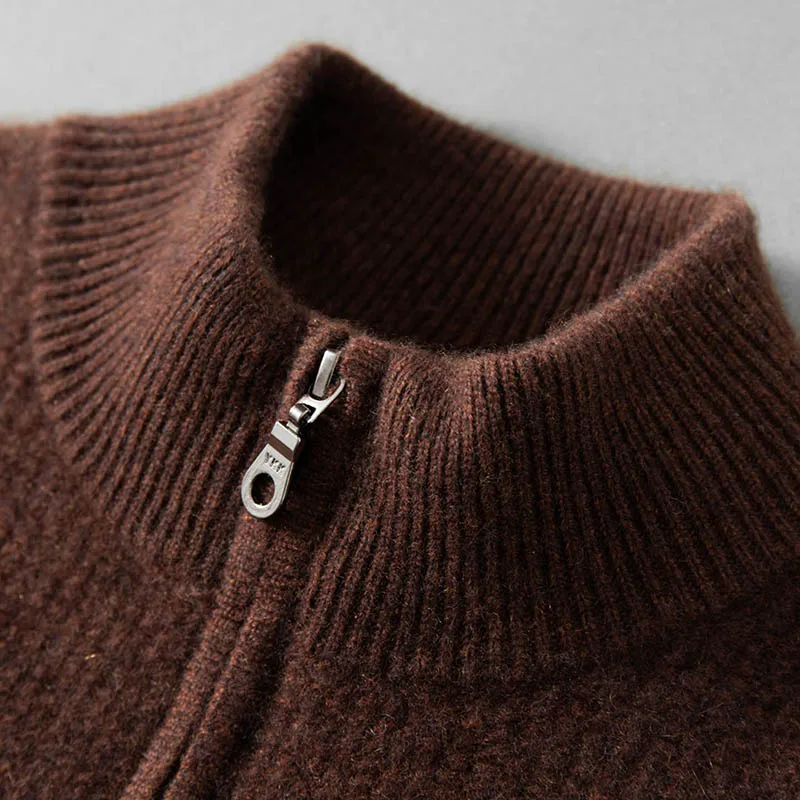 High-Ende Zipper Semi-High Collar 100%Pure Goat Cashmere Sweater Men's Clothing Leisure Thicken Pullover Jacquard Loose Knitwear
