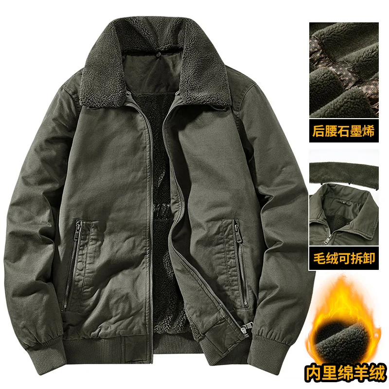 

Winter New Military Jacket Men's Pure Cotton Workwear Outdoor Casual Stand Collar Lamb Velvet Parkas Coat Detachable Fur Collar