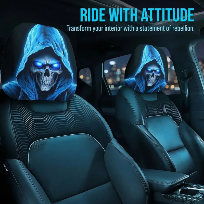 2PCS Luminous Blue Eyes Grim Reaper Skull Car Headrest Cover, Soft Elastic Car Interior Decoration