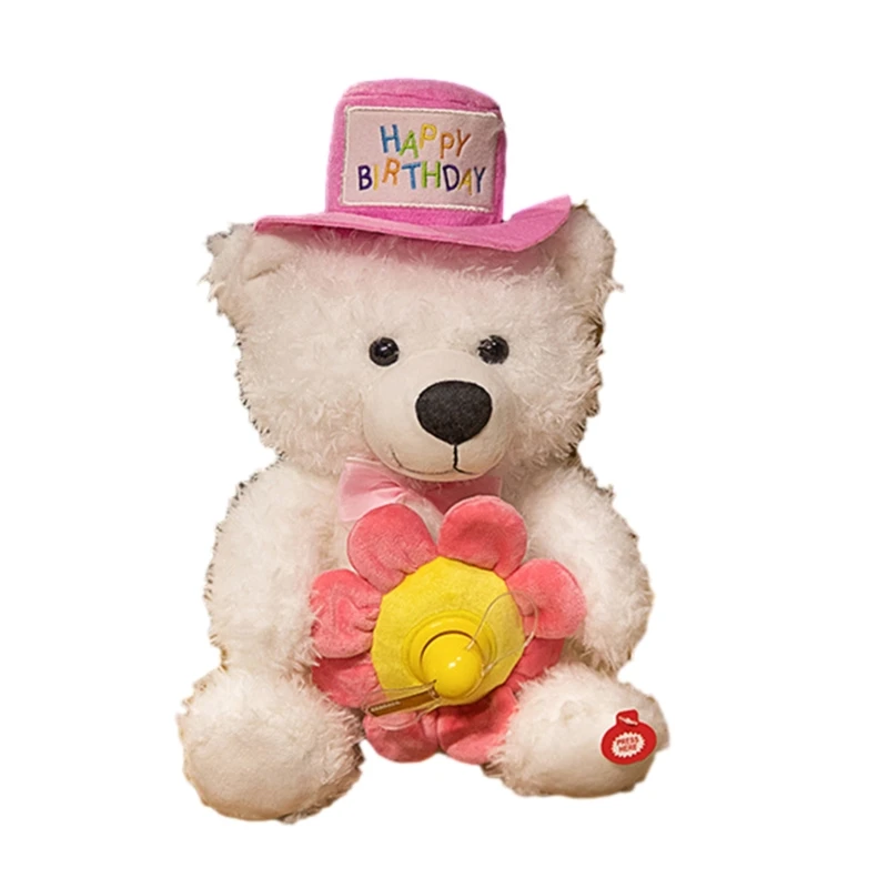 Happy Birthday Singing Bear Musical Stuffed Animal Plush Toy for Boys Girls 25cm