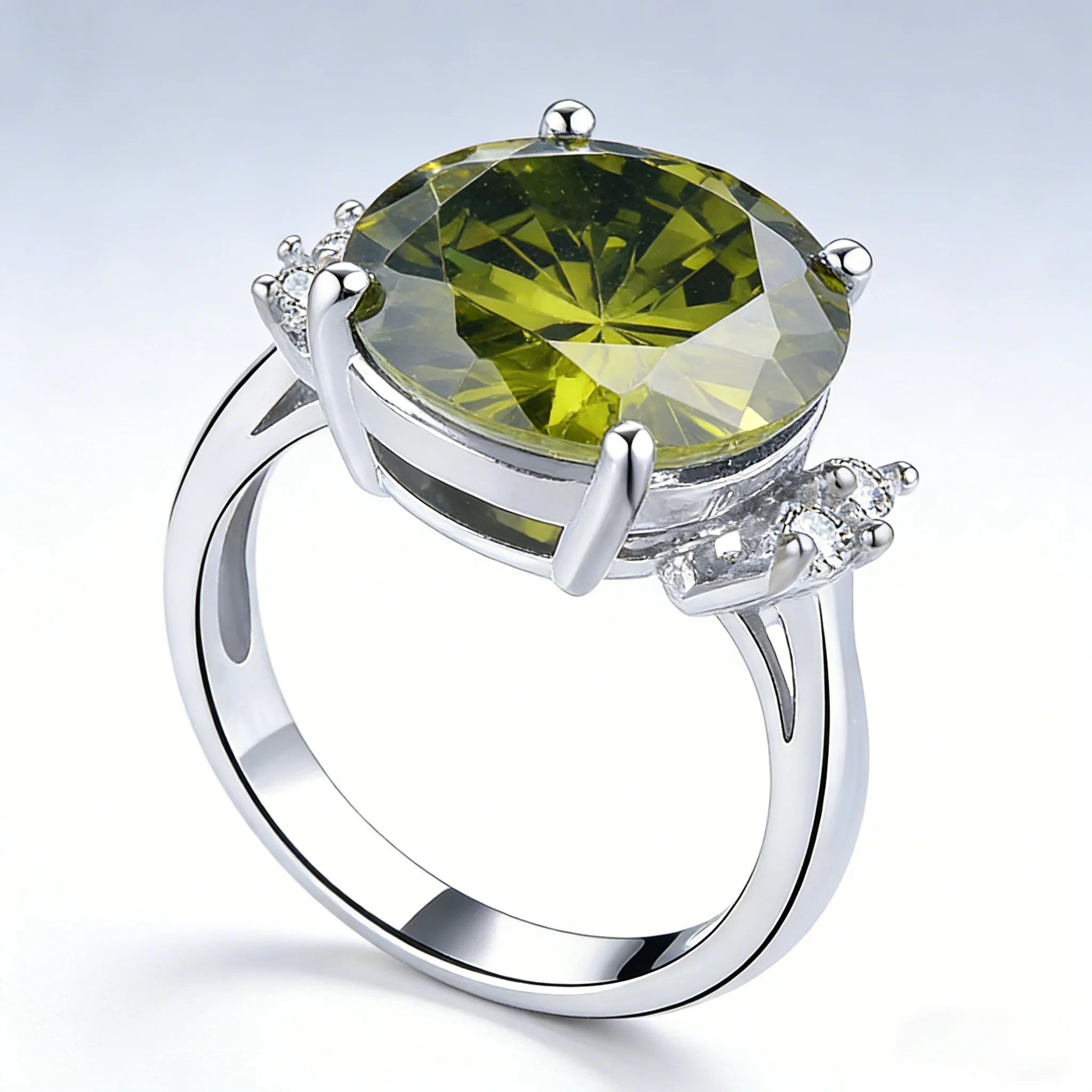 August Birthstone Peridot Cubic Zirconia Ring, Large Oval Cluster Statement Band in Silver for Women, Bold & Elegant Jewelry