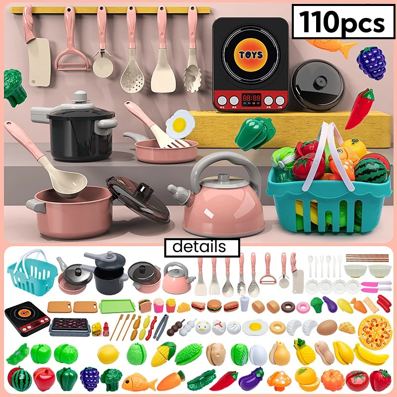 110PCS bambini fingono di giocare a giocattoli gioca a accessori da cucina Kit con pentole finta cibo giocattolo da cucina ragazze ragazzi regalo giocattoli da cucina