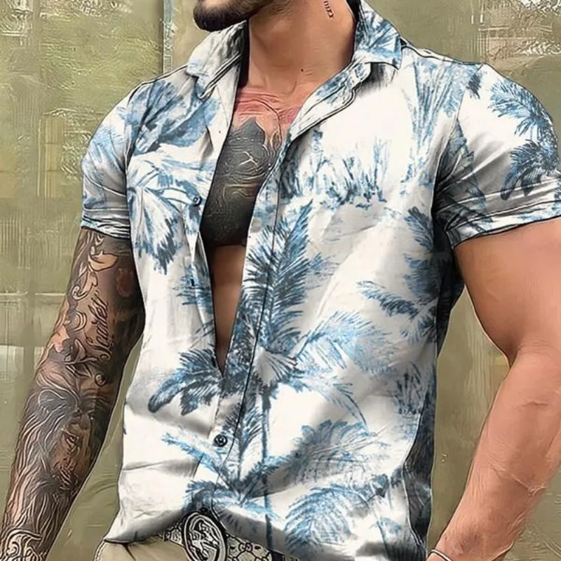 Summer Men's Lapel Single Breasted Cardigan Graffiti Plant&Flowers Printed Short Sleeved Tee Shirt Fashion Casual Vacation Tops