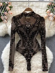 Autumn New Floral Print Bodysuit for Women Fashion Streetwear Elegant Stand Collar Long Sleeve Tight Fit Mesh Body Top Chic 2025