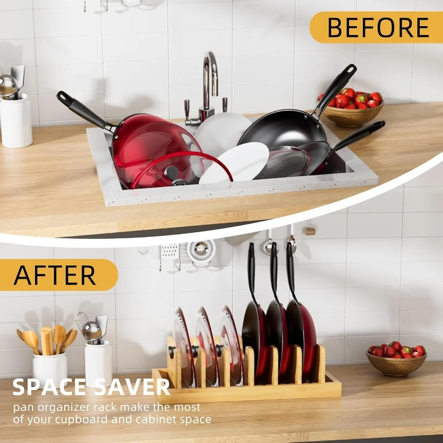 대나무 냄비 뚜껑 정리함 냄비 뚜껑 홀더 냄비 및 팬 정리함 서랍 정리함 (냄비 뚜껑, 팬, 도마, 베이킹 시트용)