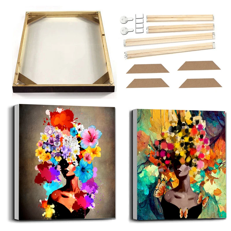 

Colorful Flowers Sexy Black Woman Canvas Painting with Frame Wall Art Poster Prints Modern Abstract Figure Picture Living Room