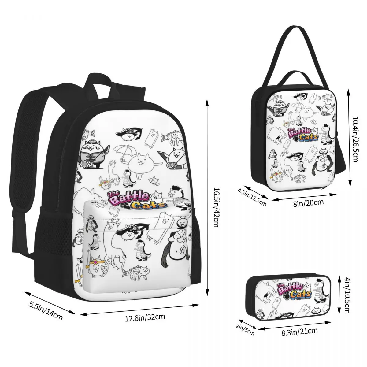 Conjunto de três peças de gatos de batalha para estudantes, mochilas escolares, mochila, lancheira, saco de caneta, mochila para crianças, jogos de desenhos animados