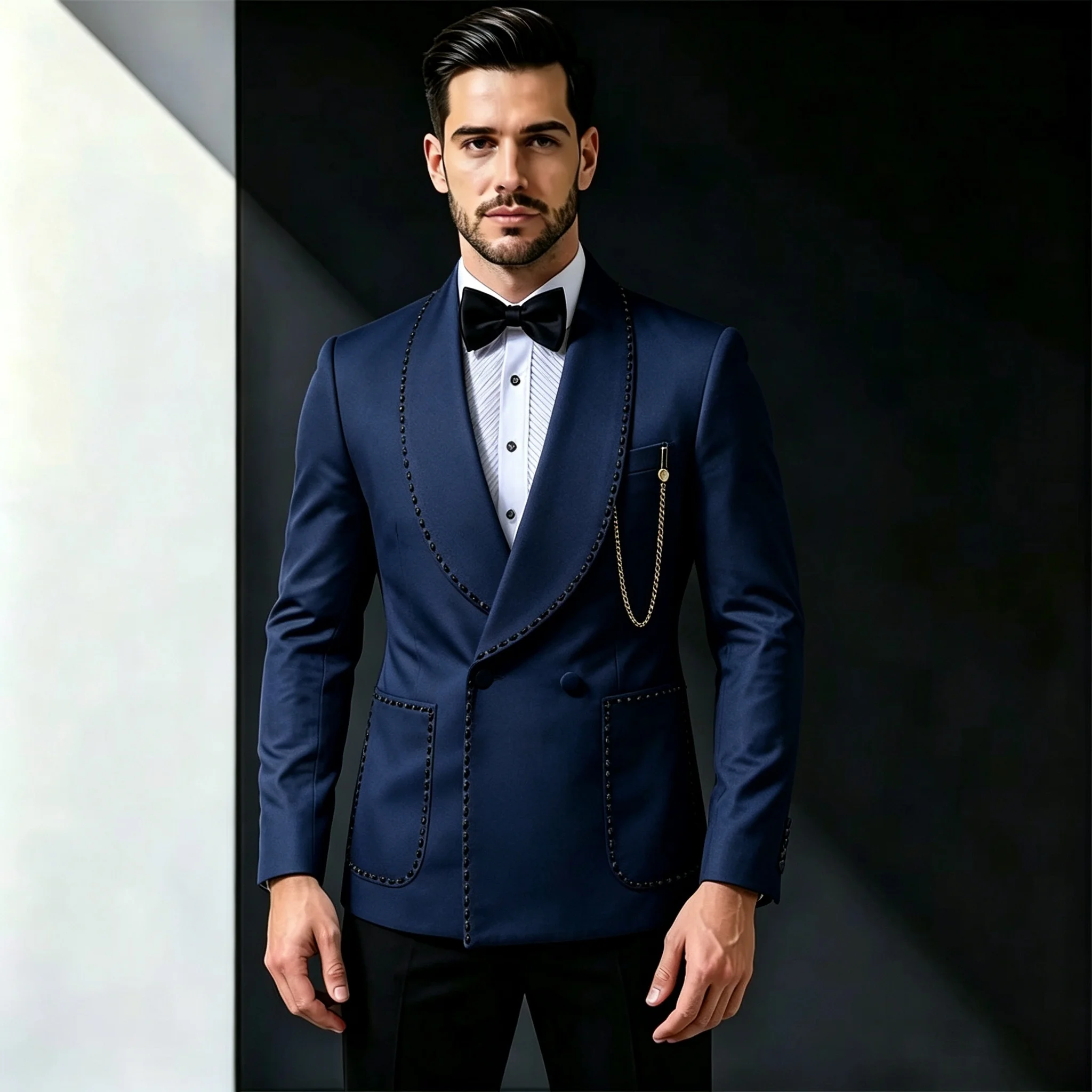 Luxury Men's Double Breasted Crystal Suits 2 Pieces Slim Fit Wedding Tuxedo for Groom Formal Prom White Blazer Black Pants Set