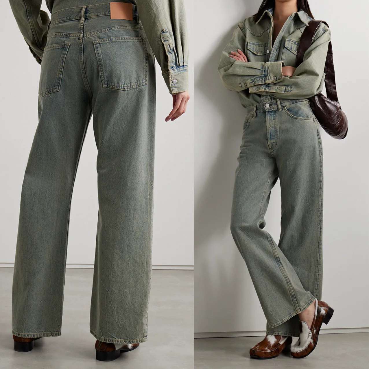 Women High waisted fashion jeans washed old straight leg denim pants