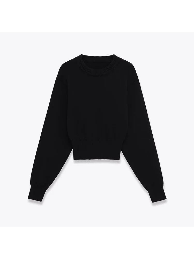 

European style new women's fashion versatile temperament solid color short round neck long sleeve plain knit sweater