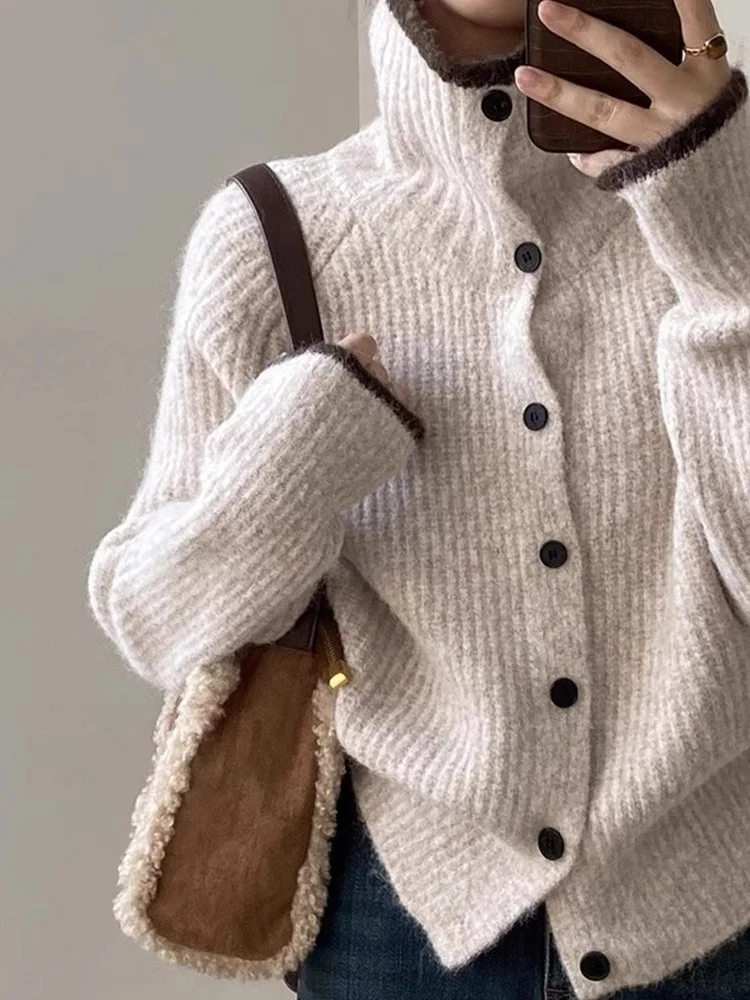 

Warm Knitted Long Sve Sweater Casual High Collar Leisure Single Button Retro Design Knit Cardigan Outerwear Comfortable Top
